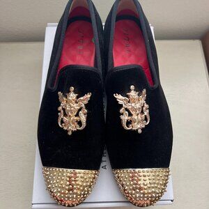 Men’s Black and Gold Metallic Velvet Studded Slip-On Loafers - Size 7